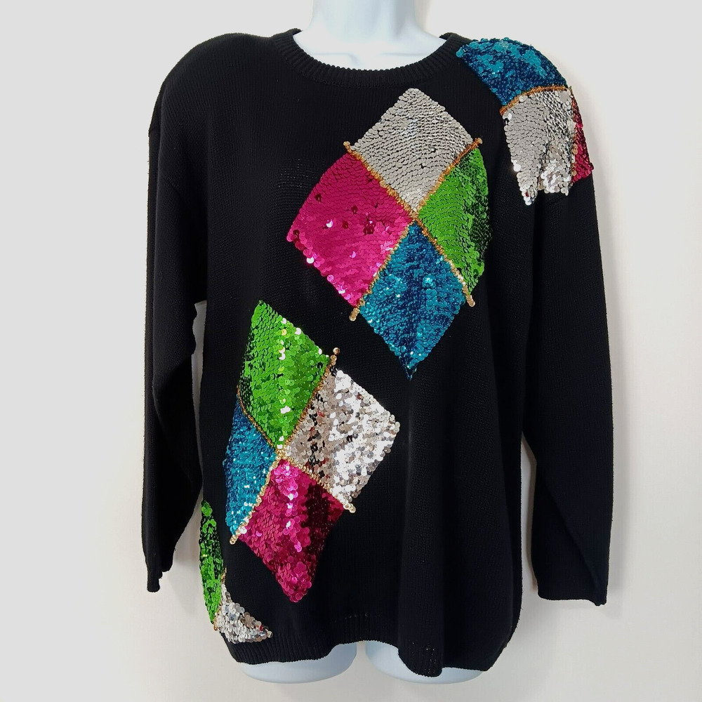 Vintage Victoria Harbour‎ Black Sequin Argyle Sweater Embellished Holiday Medium